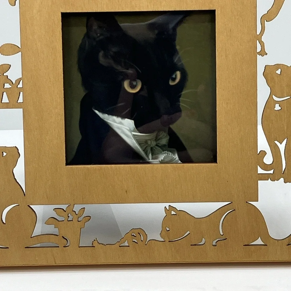 Wood Carved Cut Out Cat Kitten‎ Picture Frame Plants Quirky Kitschy Photo Gift